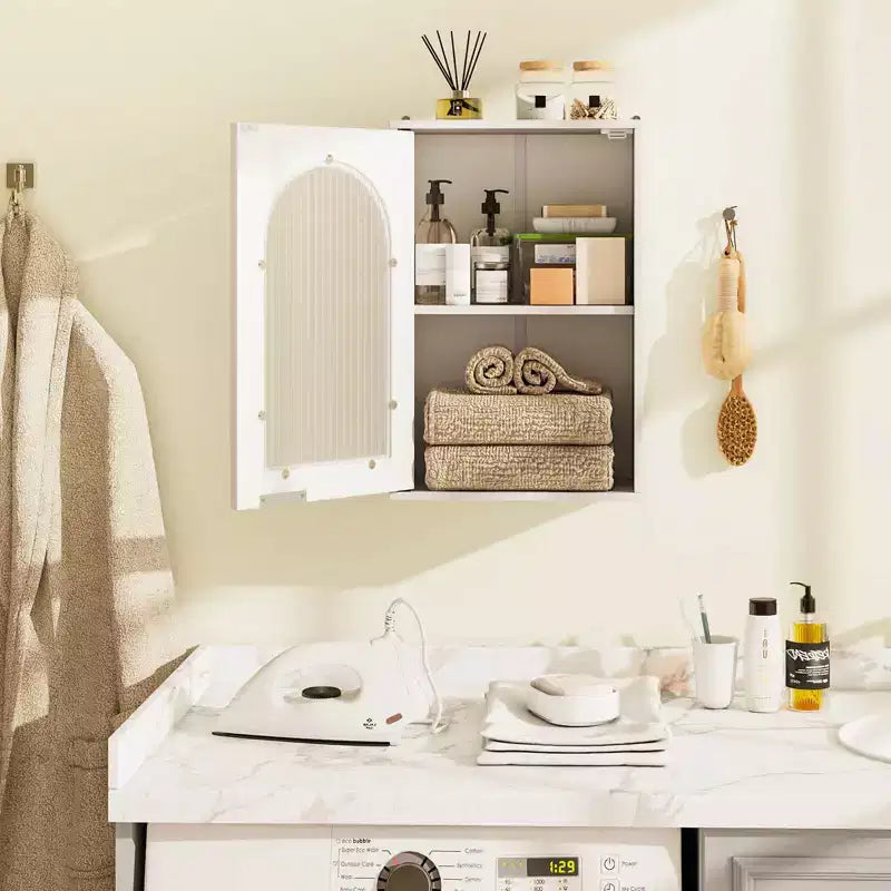 Armoire de toilette murale avec porte en verre trempé et étagère réglable Blanc/Noir/Marron/Gris/Naturel