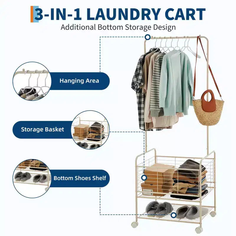 Chariot à linge, panier roulant en métal 3-en-1 avec tringle et étagères - Organisateur peu encombrant pour appartement et salle de bain