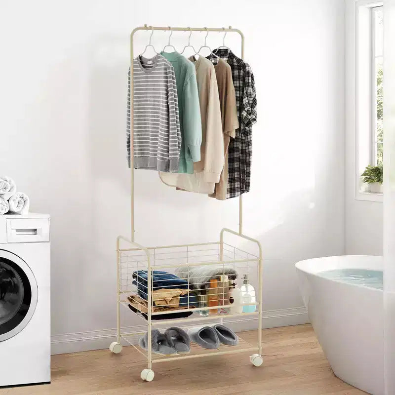 Chariot à linge, panier roulant en métal 3-en-1 avec tringle et étagères - Organisateur peu encombrant pour appartement et salle de bain