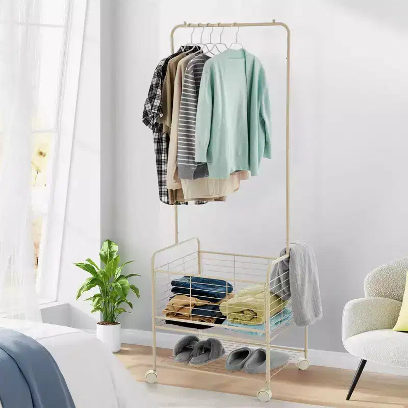 Chariot à linge, panier roulant en métal 3-en-1 avec tringle et étagères - Organisateur peu encombrant pour appartement et salle de bain