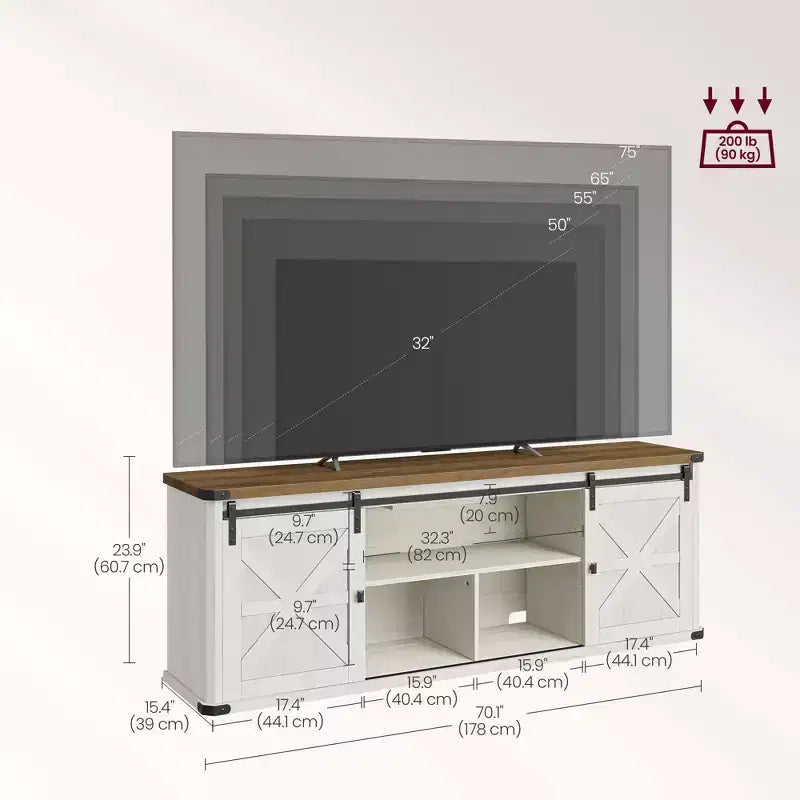 Meuble TV de ferme pour téléviseurs de 75 pouces - Meuble console multimédia de 70 pouces avec portes coulissantes de grange, station de charge à 6 prises et gestion des câbles, finition rustique