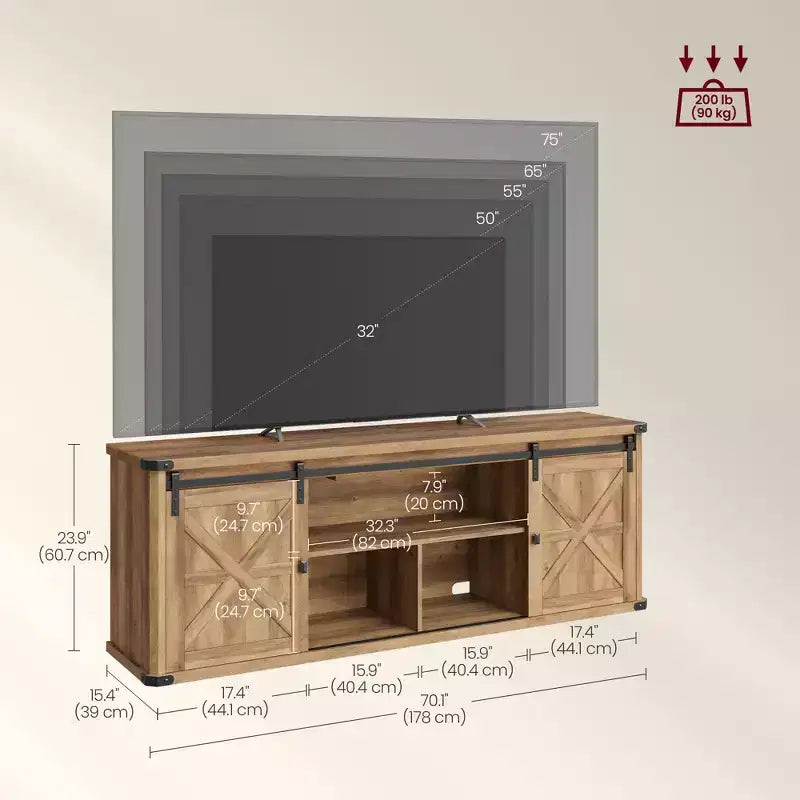 Meuble TV de ferme pour téléviseurs de 75 pouces - Meuble console multimédia de 70 pouces avec portes coulissantes de grange, station de charge à 6 prises et gestion des câbles, finition rustique