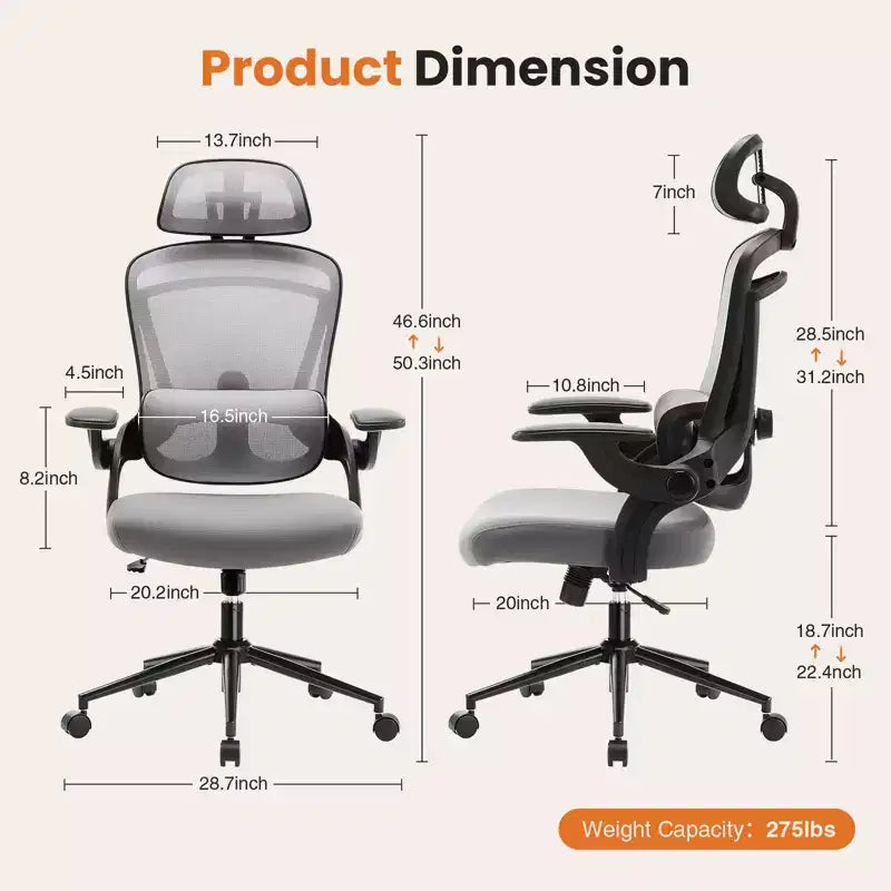 Fauteuil de bureau avec soutien lombaire et appui-tête réglables, chaise d'ordinateur ergonomique en maille avec accoudoirs relevables souples, fauteuil de jeu réglable en hauteur
