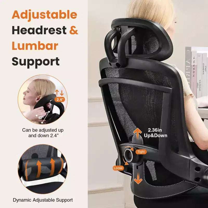 Fauteuil de bureau avec soutien lombaire et appui-tête réglables, chaise d'ordinateur ergonomique en maille avec accoudoirs relevables souples, fauteuil de jeu réglable en hauteur