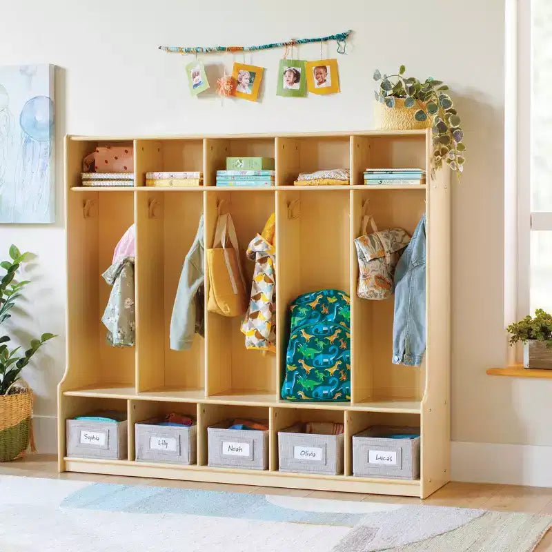Casier de rangement en bois à 5 sections avec banc pour salle de classe, organiseur pour enfants avec étagères et crochets pour manteaux