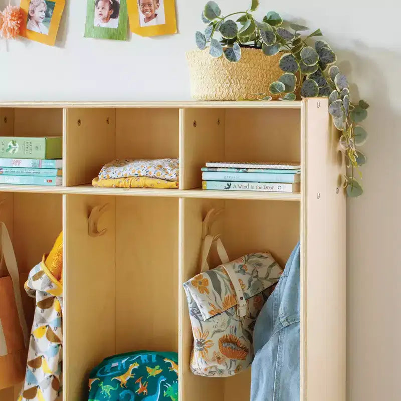 Casier de rangement en bois à 5 sections avec banc pour salle de classe, organiseur pour enfants avec étagères et crochets pour manteaux