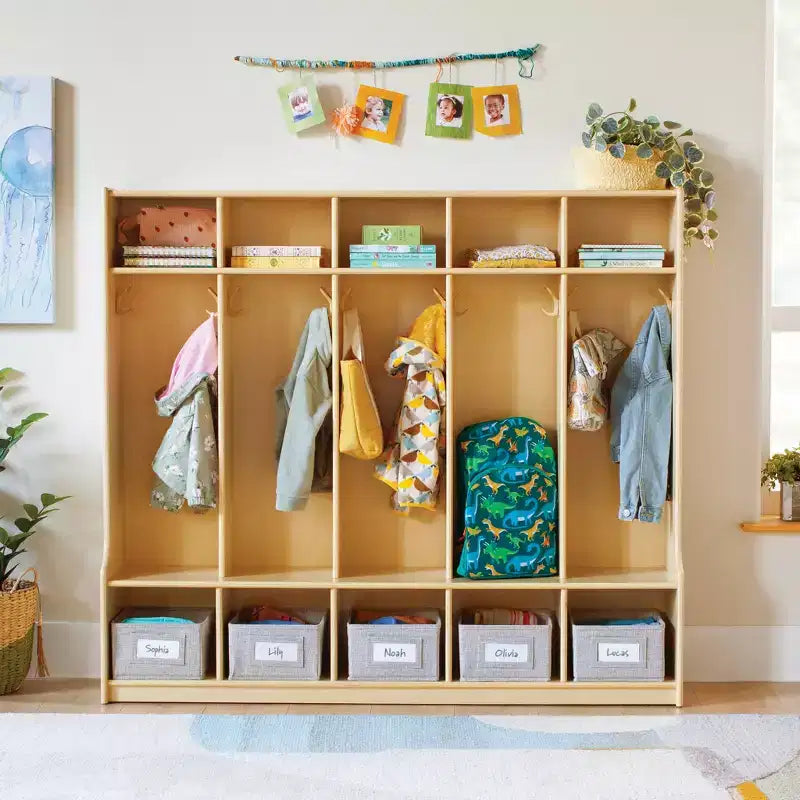 Guidecraft EdQ 5-Section Wooden Storage Locker with Bench Seat for Classroom, Kids Cubby Organizer with Shelves and Hooks for Coats