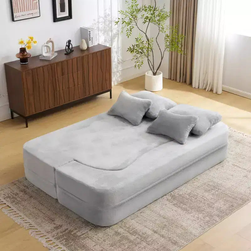Canapé de sol moderne avec 4 oreillers, canapé futon en tissu peluche, matelas pliant en mousse haute densité pour salon