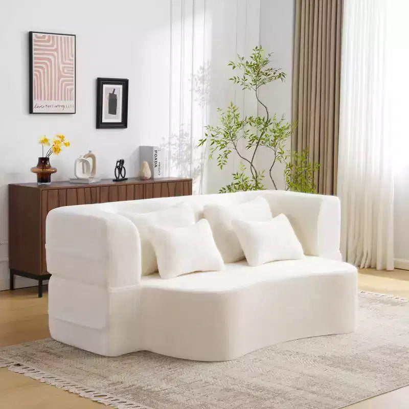 Canapé de sol moderne avec 4 oreillers, canapé futon en tissu peluche, matelas pliant en mousse haute densité pour salon