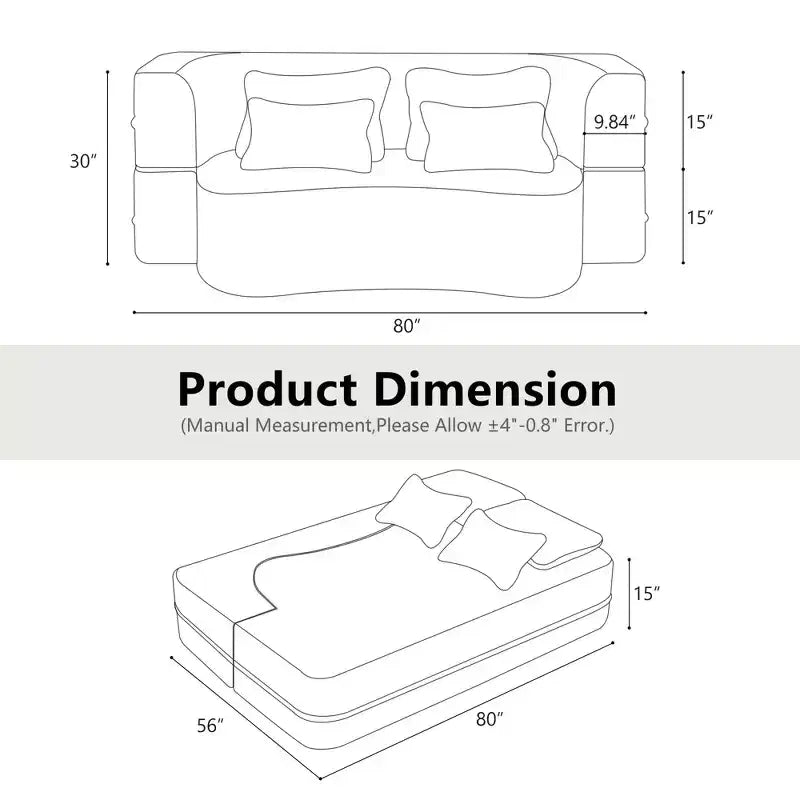 Canapé de sol moderne avec 4 oreillers, canapé futon en tissu peluche, matelas pliant en mousse haute densité pour salon