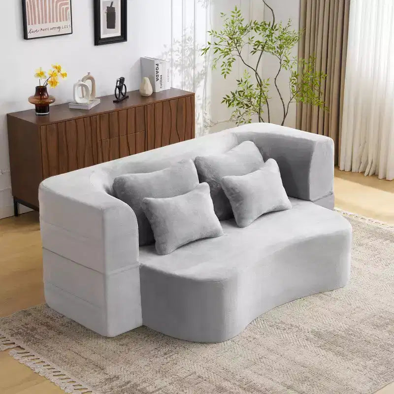 Canapé de sol moderne avec 4 oreillers, canapé futon en tissu peluche, matelas pliant en mousse haute densité pour salon