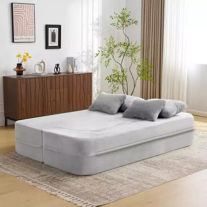 Canapé de sol moderne avec 4 oreillers, canapé futon en tissu peluche, matelas pliant en mousse haute densité pour salon