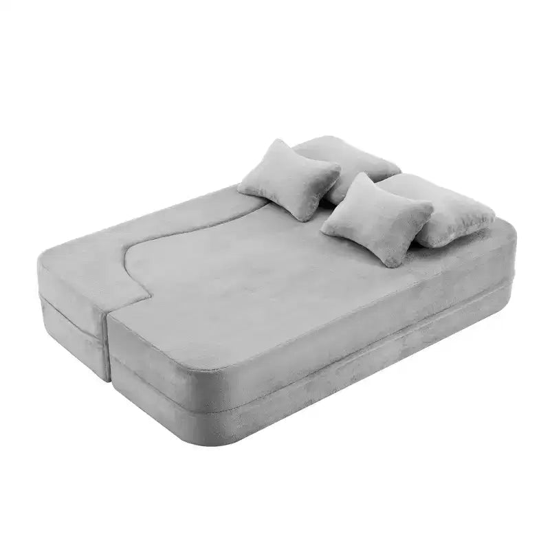 Canapé de sol moderne avec 4 oreillers, canapé futon en tissu peluche, matelas pliant en mousse haute densité pour salon