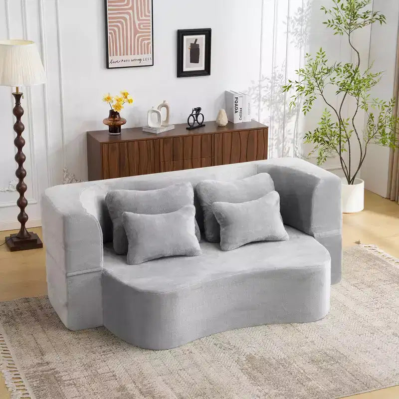 Modern Floor Sofa with 4 Pillows, Plush Fabric Futon Sofa Couch, High-Density Foam Folding Mattress for Living Room
