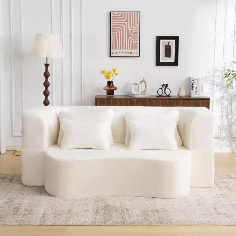 Canapé de sol moderne avec 4 oreillers, canapé futon en tissu peluche, matelas pliant en mousse haute densité pour salon