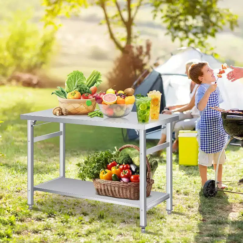 Table pliante en acier inoxydable - Capacité de 417 kg, étagère réglable et roulettes verrouillables, table de travail commerciale pour cuisine/restaurant