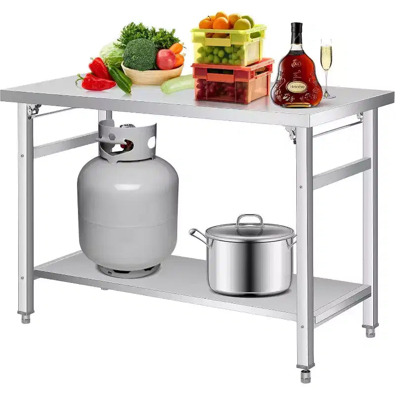 Table pliante en acier inoxydable - Capacité de 417 kg, étagère réglable et roulettes verrouillables, table de travail commerciale pour cuisine/restaurant