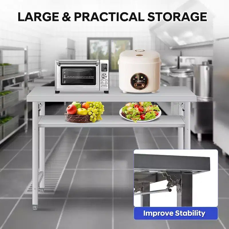 Table pliante en acier inoxydable - Capacité de 417 kg, étagère réglable et roulettes verrouillables, table de travail commerciale pour cuisine/restaurant