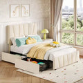 Twin Bed Frame with Adjustable Headboard, 2 Storage Drawers & Wood Slats, Velvet Upholstered, No Box Spring Needed, Beige