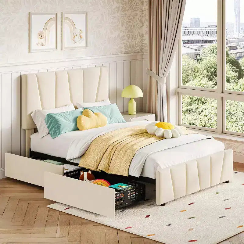 Twin Bed Frame with Adjustable Headboard, 2 Storage Drawers & Wood Slats, Velvet Upholstered, No Box Spring Needed, Beige