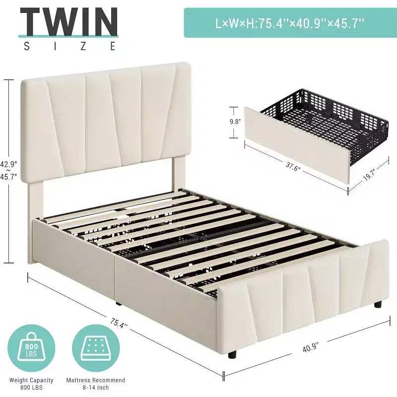 Cadre de lit double avec tête de lit réglable, 2 tiroirs de rangement et lattes en bois, revêtement en velours, sommier tapissier non requis, beige