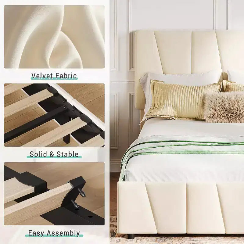 Cadre de lit double avec tête de lit réglable, 2 tiroirs de rangement et lattes en bois, revêtement en velours, sommier tapissier non requis, beige