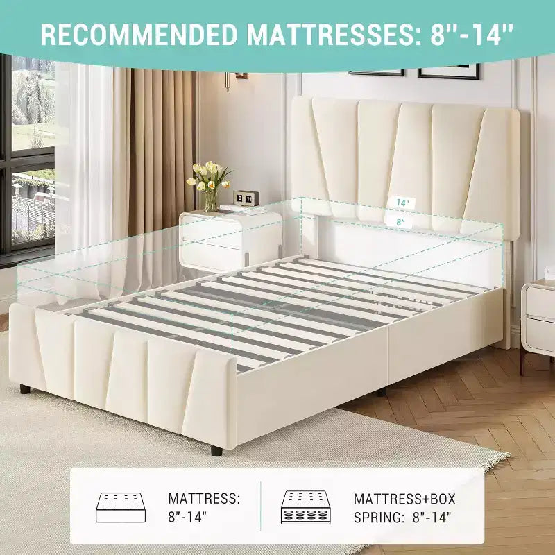 Cadre de lit double avec tête de lit réglable, 2 tiroirs de rangement et lattes en bois, revêtement en velours, sommier tapissier non requis, beige