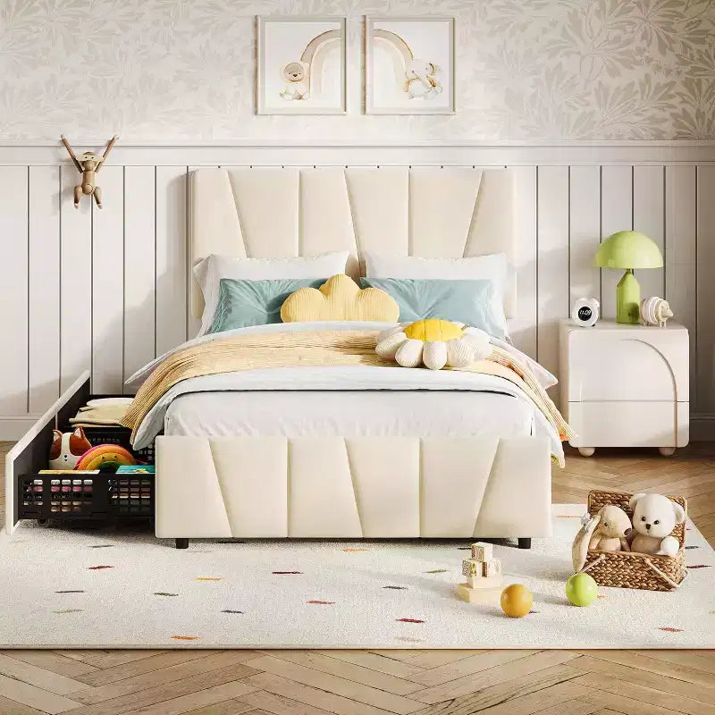 Cadre de lit double avec tête de lit réglable, 2 tiroirs de rangement et lattes en bois, revêtement en velours, sommier tapissier non requis, beige