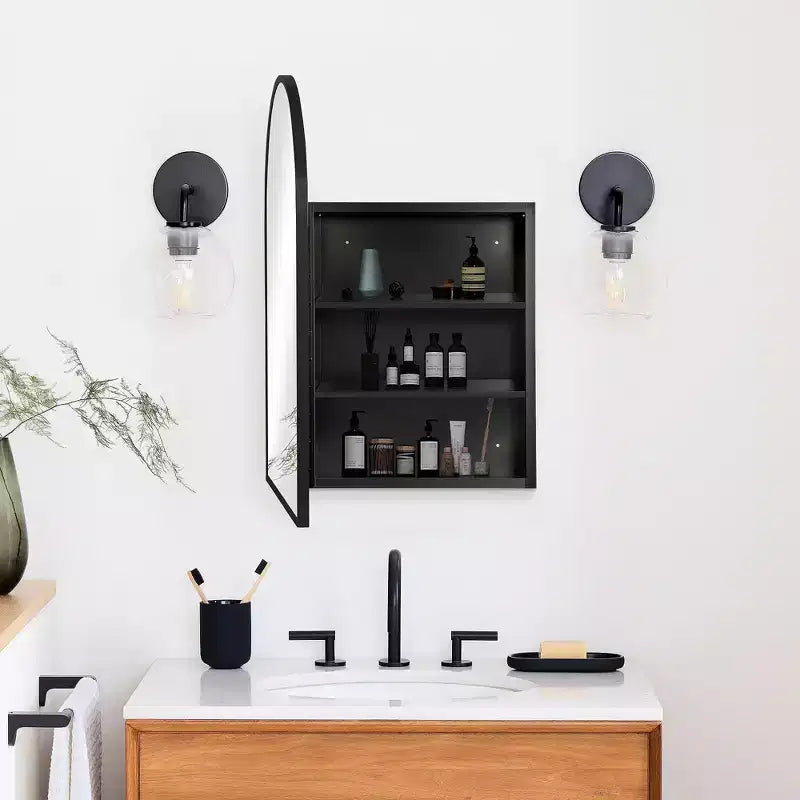 Armoire de toilette encastrée à miroir de 36 x 24 avec cadre en acier inoxydable et 2 étagères réglables, armoires à pharmacie murales noires