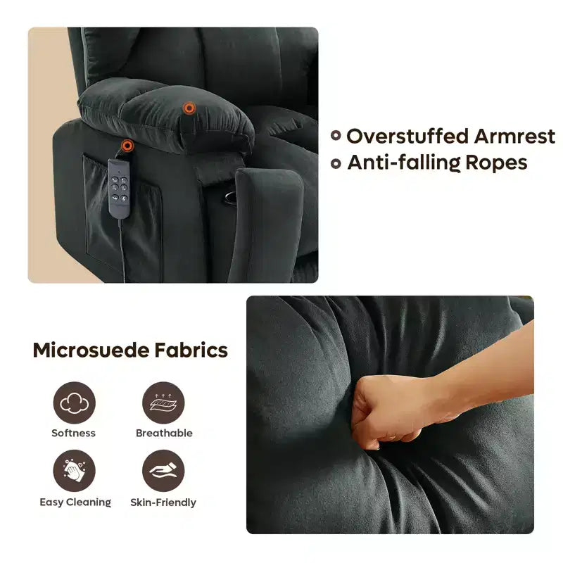 Fauteuil inclinable et releveur électrique surdimensionné en microsuède de 101,8 cm de large avec double moteur, massage et chauffage
