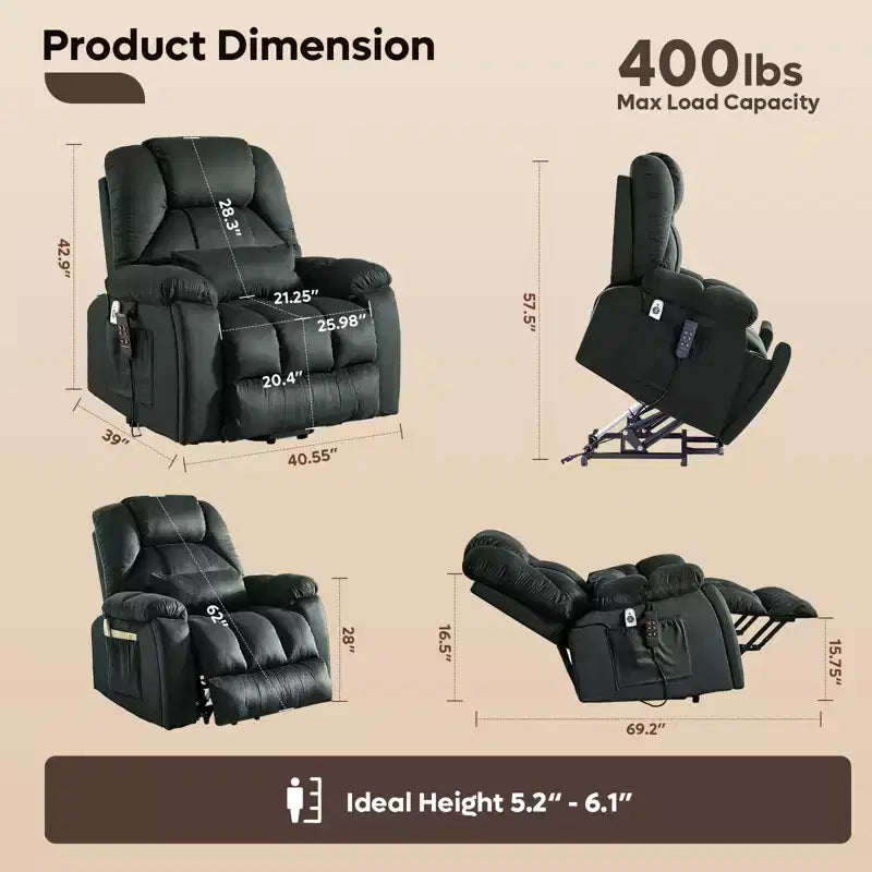Fauteuil inclinable et releveur électrique surdimensionné en microsuède de 101,8 cm de large avec double moteur, massage et chauffage