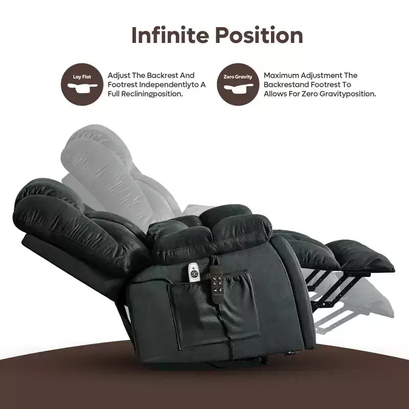 Fauteuil inclinable et releveur électrique surdimensionné en microsuède de 101,8 cm de large avec double moteur, massage et chauffage