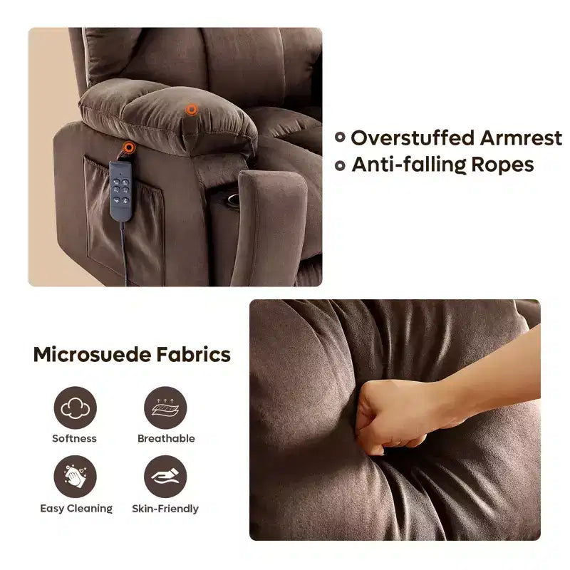 Fauteuil inclinable et releveur électrique surdimensionné en microsuède de 101,8 cm de large avec double moteur, massage et chauffage