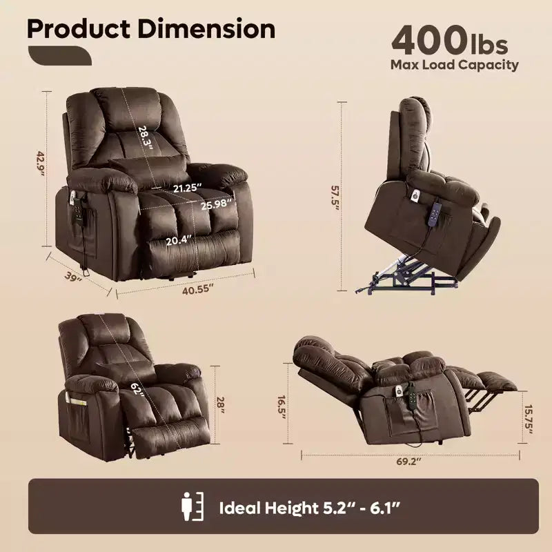 Fauteuil inclinable et releveur électrique surdimensionné en microsuède de 101,8 cm de large avec double moteur, massage et chauffage