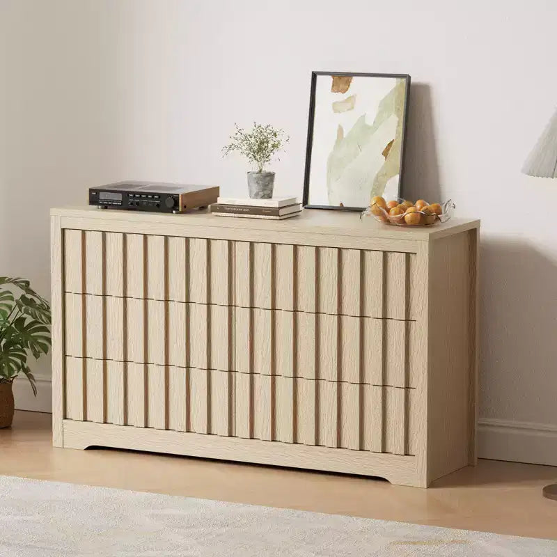 COZONY Fluted 6-Drawer Modern Dresser  Handleless Wooden TV Stand & Deep Storage Organizer for Bedroom, Living Room & Hallway, Natural Oak