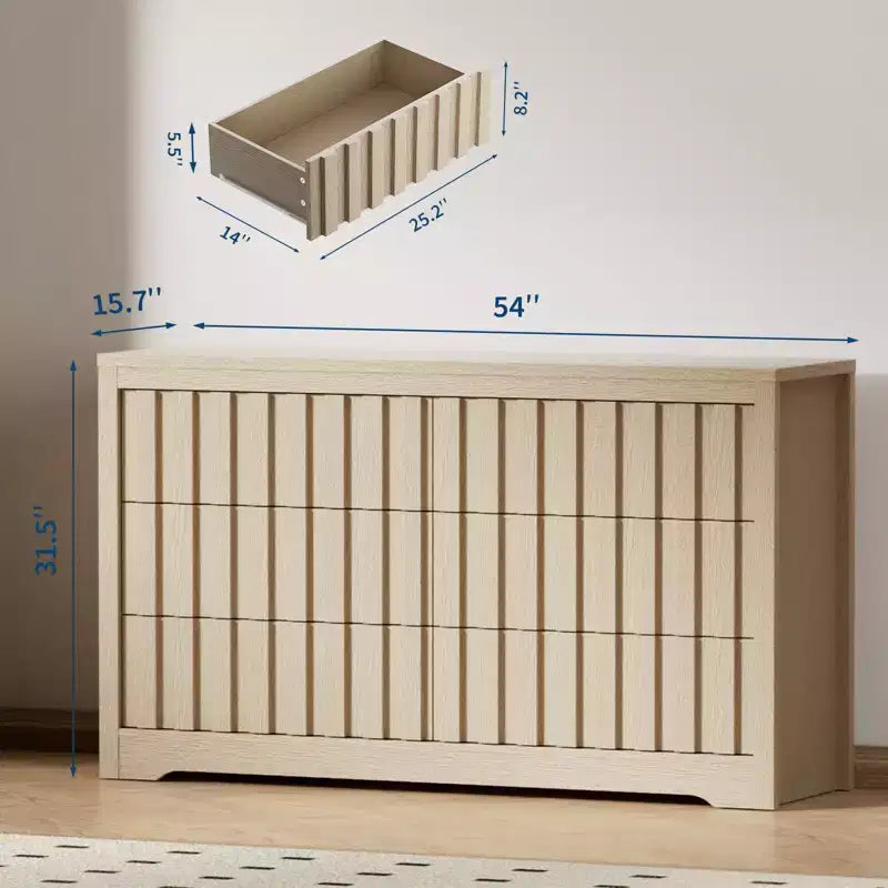 Commode moderne à 6 tiroirs cannelés, meuble TV en bois sans poignée et organisateur de rangement profond pour chambre, salon et couloir, Chêne Naturel