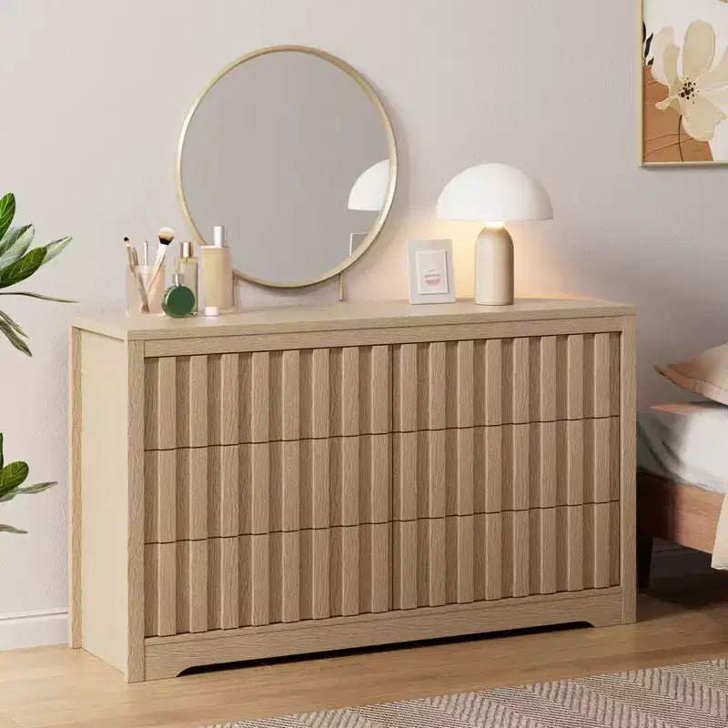 Commode moderne à 6 tiroirs cannelés, meuble TV en bois sans poignée et organisateur de rangement profond pour chambre, salon et couloir, Chêne Naturel