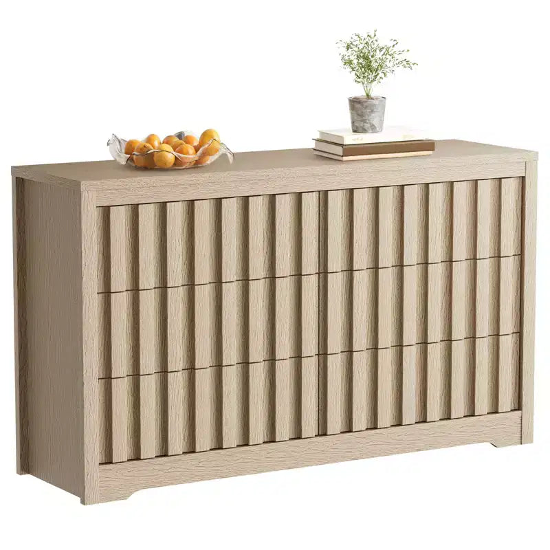 Commode moderne à 6 tiroirs cannelés, meuble TV en bois sans poignée et organisateur de rangement profond pour chambre, salon et couloir, Chêne Naturel