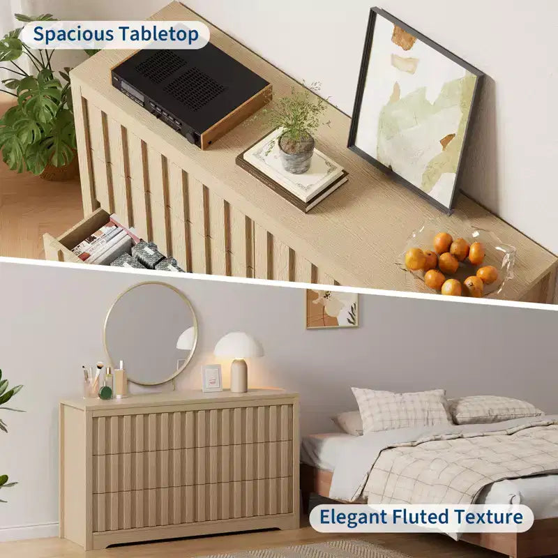Commode moderne à 6 tiroirs cannelés, meuble TV en bois sans poignée et organisateur de rangement profond pour chambre, salon et couloir, Chêne Naturel