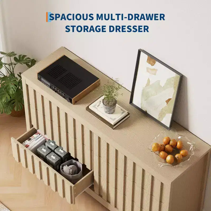 Commode moderne à 6 tiroirs cannelés, meuble TV en bois sans poignée et organisateur de rangement profond pour chambre, salon et couloir, Chêne Naturel