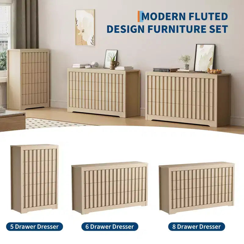 Commode moderne à 6 tiroirs cannelés, meuble TV en bois sans poignée et organisateur de rangement profond pour chambre, salon et couloir, Chêne Naturel
