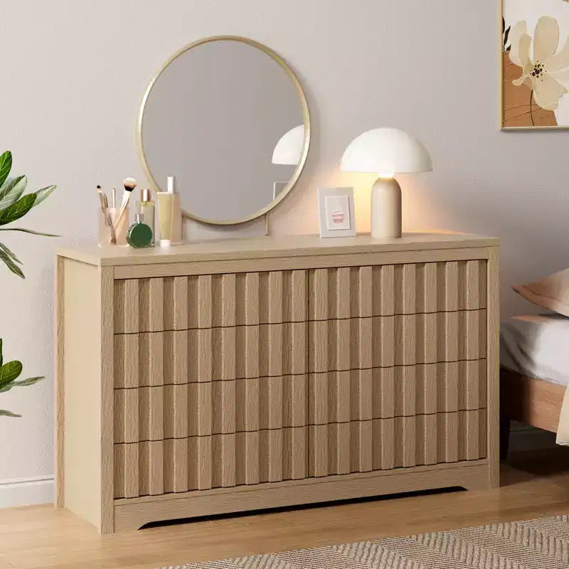 COZONY Fluted 8-Drawer Modern Wooden Dresser  Handleless Chest with Deep Storage for Bedroom, Living Room & Hallway, Natural Oak