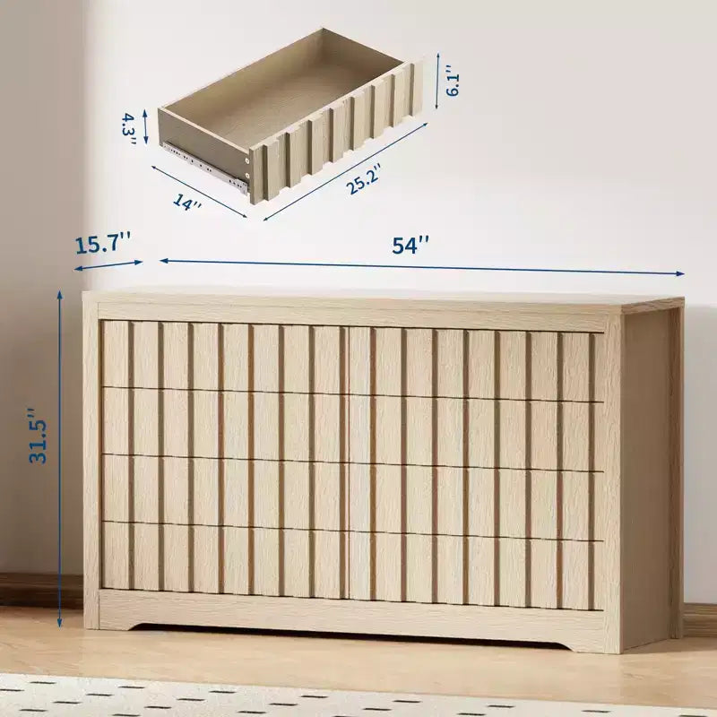 Commode moderne en bois à 8 tiroirs cannelés, sans poignées, avec grand rangement pour chambre à coucher, salon et couloir, Chêne Naturel