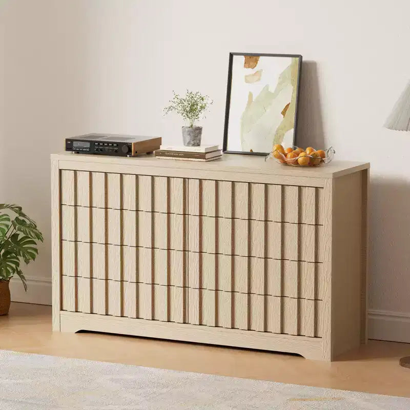 Commode moderne en bois à 8 tiroirs cannelés, sans poignées, avec grand rangement pour chambre à coucher, salon et couloir, Chêne Naturel