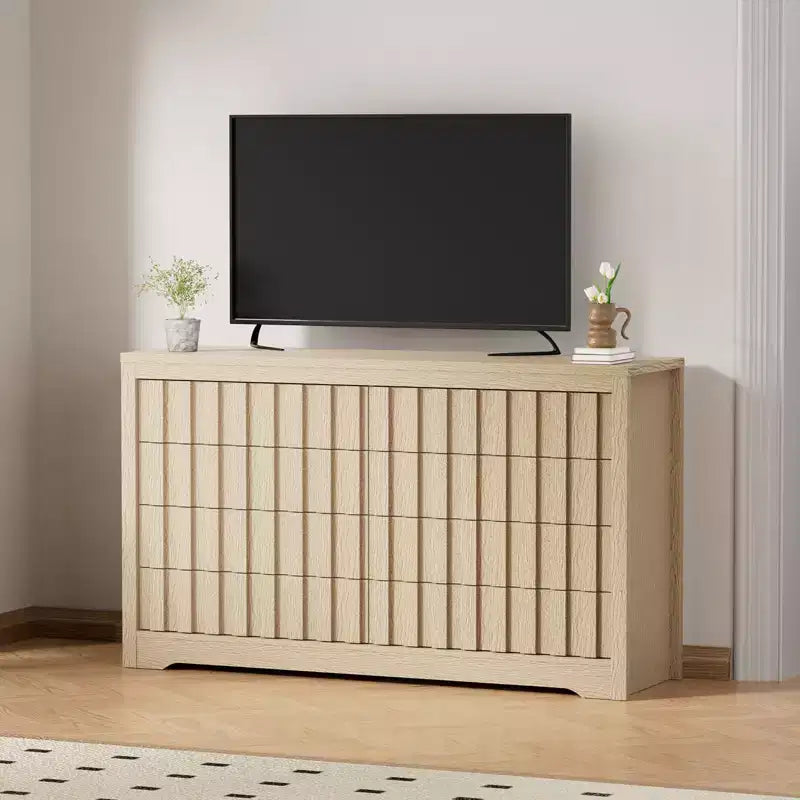Commode moderne en bois à 8 tiroirs cannelés, sans poignées, avec grand rangement pour chambre à coucher, salon et couloir, Chêne Naturel