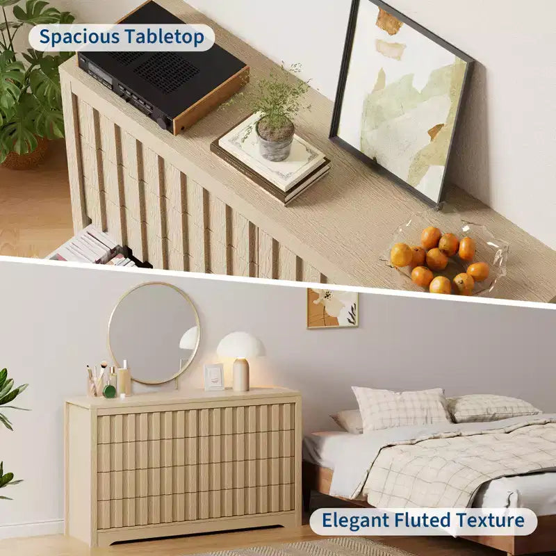 Commode moderne en bois à 8 tiroirs cannelés, sans poignées, avec grand rangement pour chambre à coucher, salon et couloir, Chêne Naturel