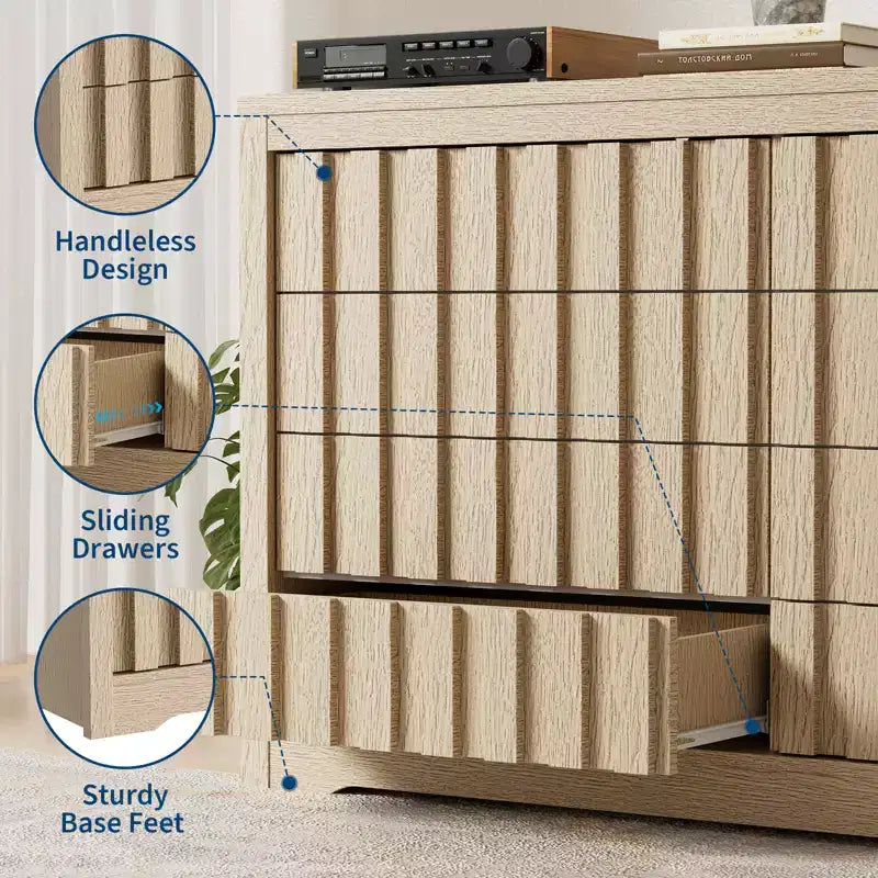 Commode moderne en bois à 8 tiroirs cannelés, sans poignées, avec grand rangement pour chambre à coucher, salon et couloir, Chêne Naturel