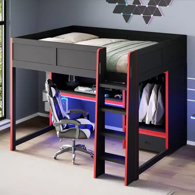 Lit mezzanine moderne en bois avec bureau intégré, armoire, LED et 1 tiroir