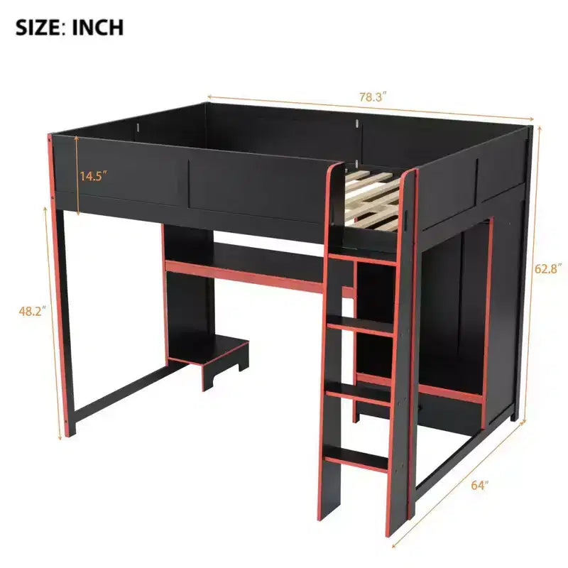 Lit mezzanine moderne en bois avec bureau intégré, armoire, LED et 1 tiroir