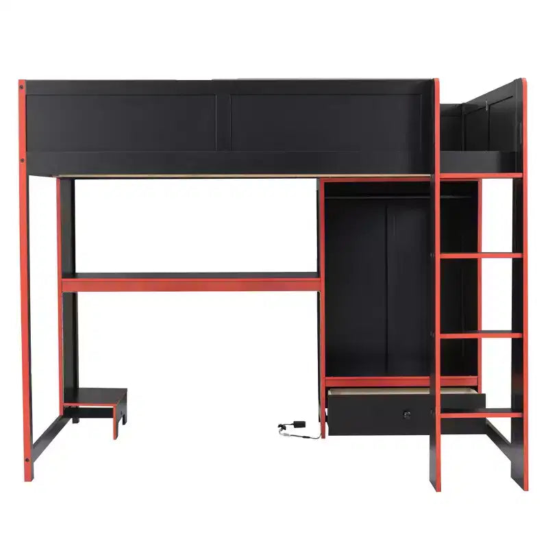 Lit mezzanine moderne en bois avec bureau intégré, armoire, LED et 1 tiroir